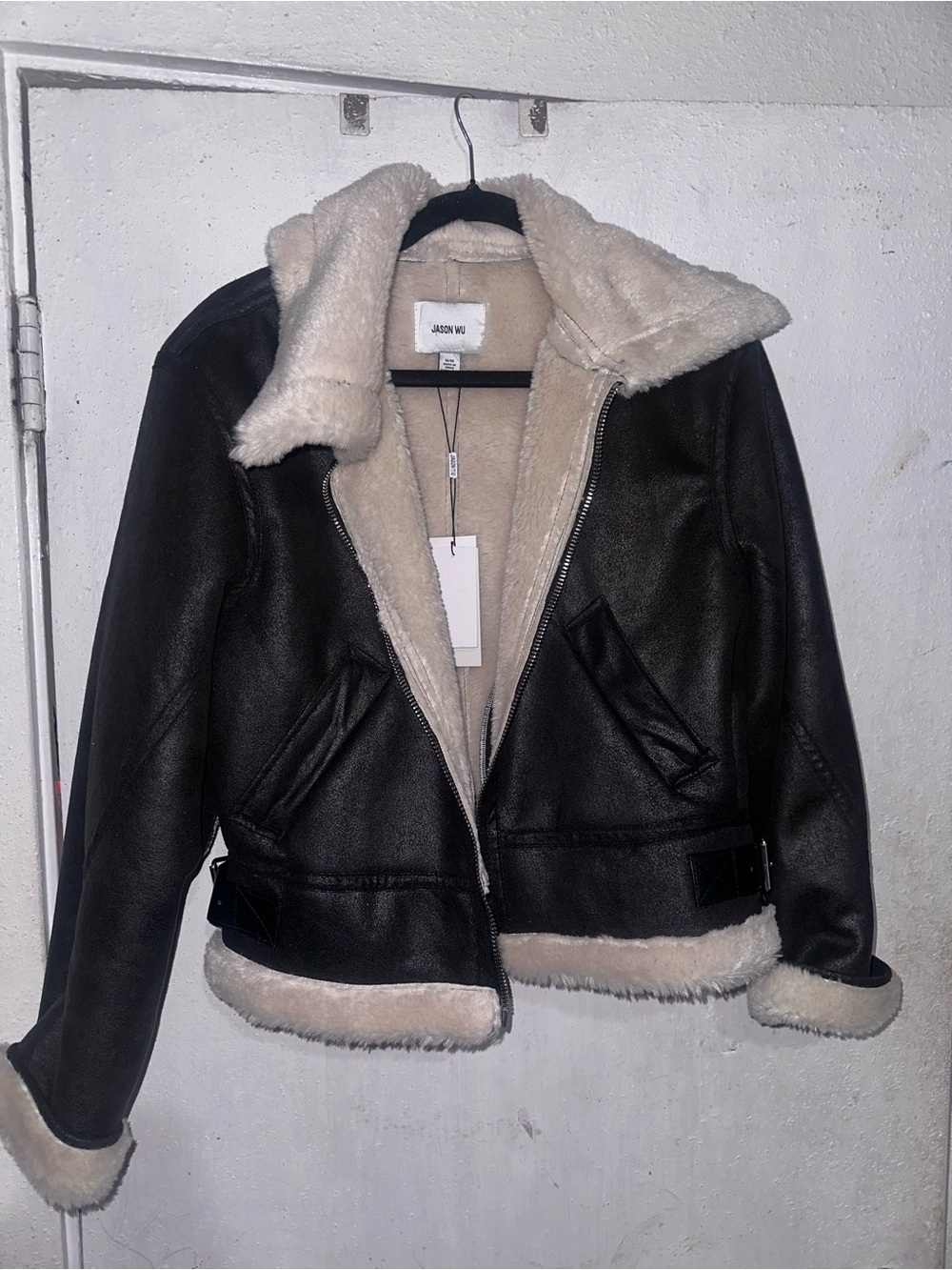 Jason Wu Black/Super Dark Brown Aviator Jacket with Cream Shearling Lining